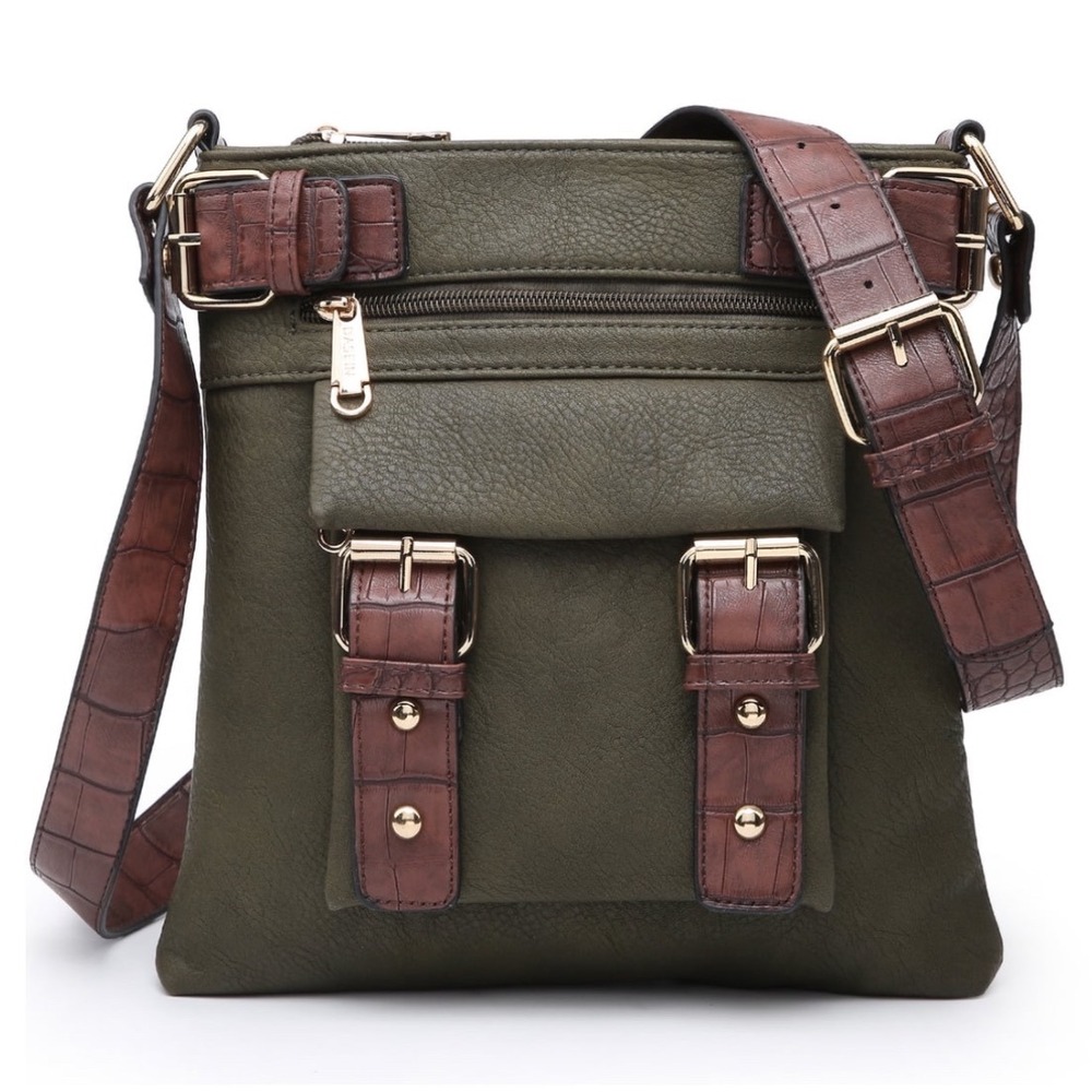 Dasein Vintage Y2K Olive Green Leather Brown Messenger Crossbody Bag Purse
